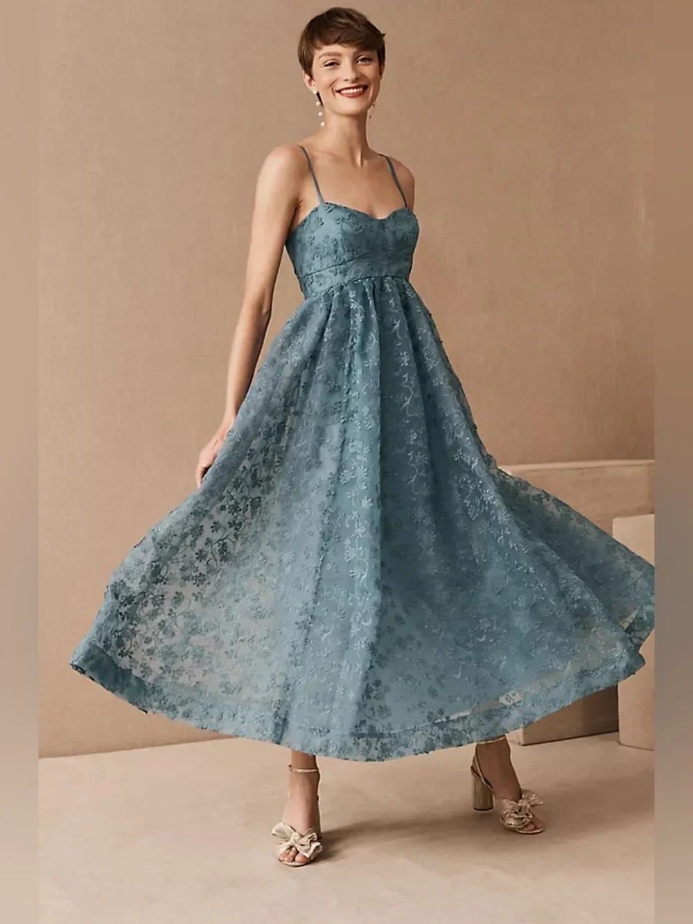 BHLDN Teal Isadora Organza Midi Dress